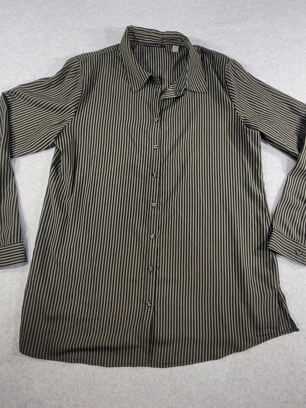 T Tahari Olive & Black Vertical Stripe Button-Down Blouse